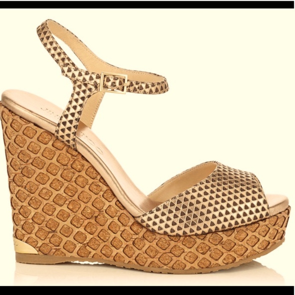 Jimmy Choo Size 8 Platform Wedge Gold/Cork Sandals